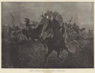 Nordamerikanische Indianer greifen eine Postkutsche an